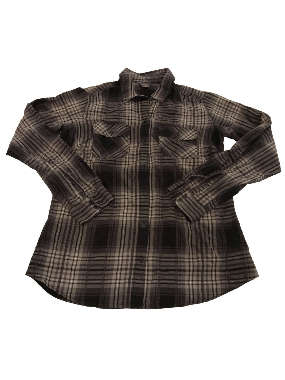 Eddie Bauer Flannel Shirt Womens Small Gray Black Plaid Long Sleeve Pocket S